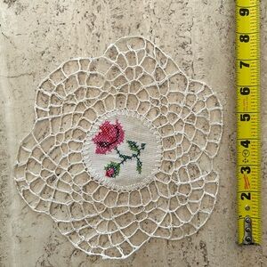Handmade Vintage Needlepoint Doily with Pink Embroidered Rose